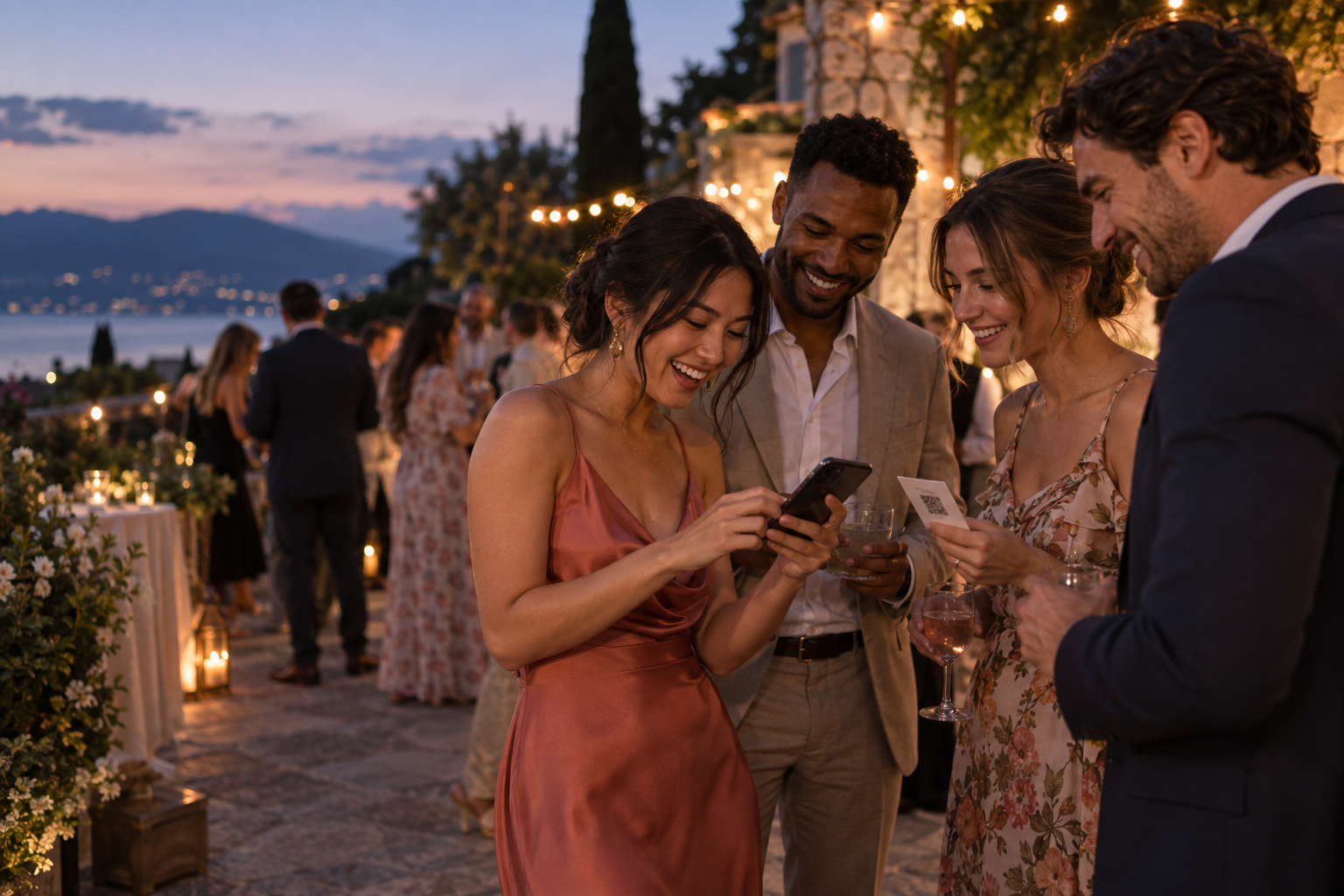 Invitados consultan el álbum de la boda desde su móvil