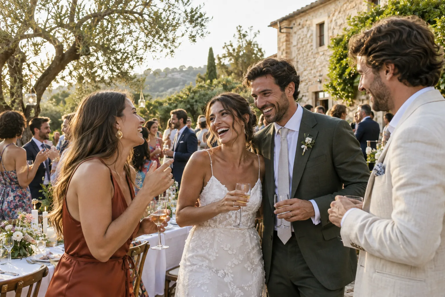 Pareja recién casada riendo con sus amigos durante el cóctel